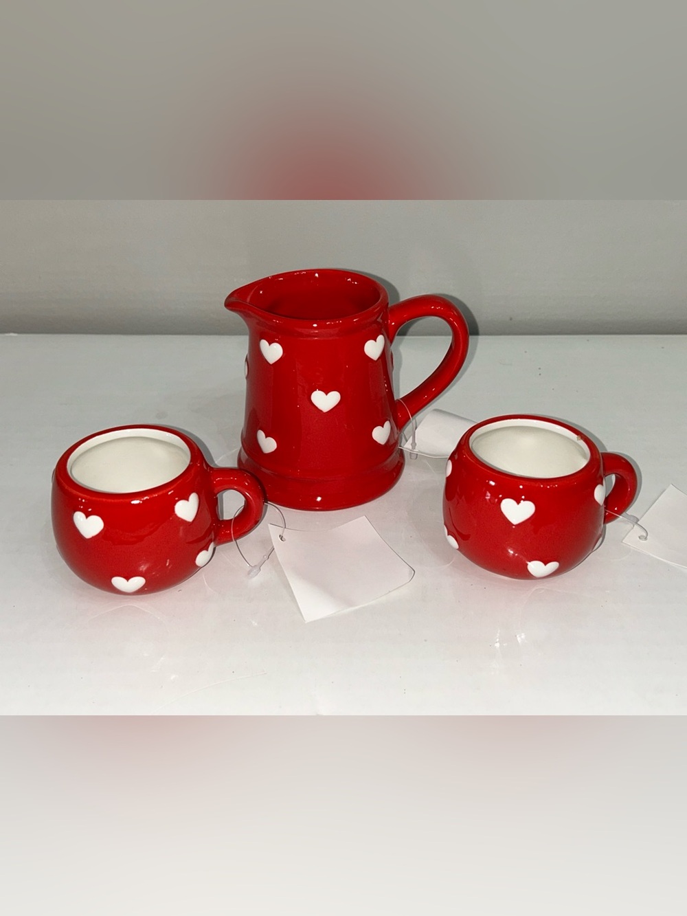 Hobby Lobby Red Ceramic Creamer & Mini Mugs Cups Set with White Hearts